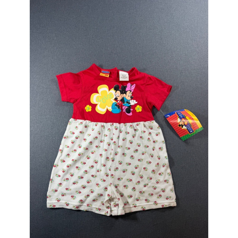 Vintage Disney Mickey For Kids Red Floral Mickey Minnie Mouse Romper NWT 2T